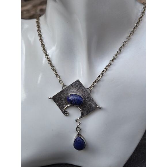 Vintage Sterling Silver & Blue Lapis Lazuli Modernist Pendant Necklace, 17" - Picture 9 of 10